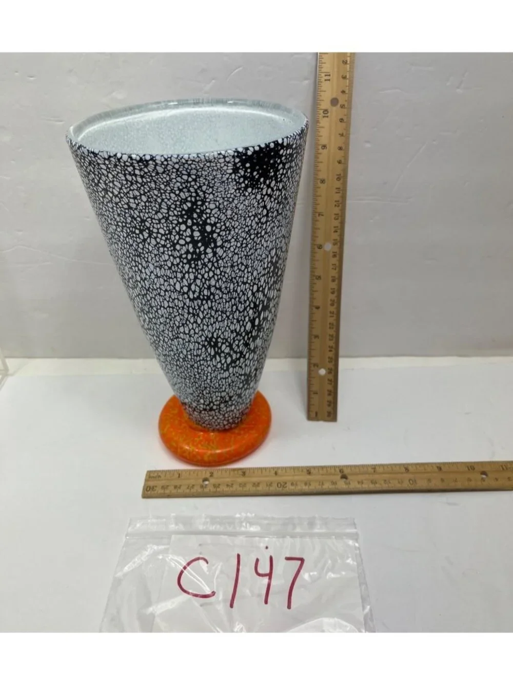 Black & White Spotted Glass Vase Orange Base 12 Inches Tall Unique Cracked Desig